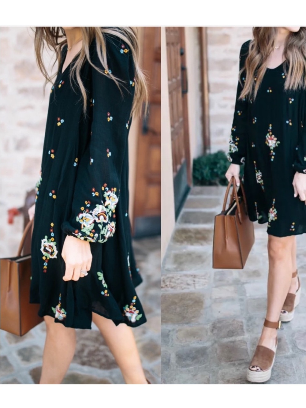 Free People Black Mini Dress with Multicolor Floral Embroidery and Open Back - Picture 2 of 4